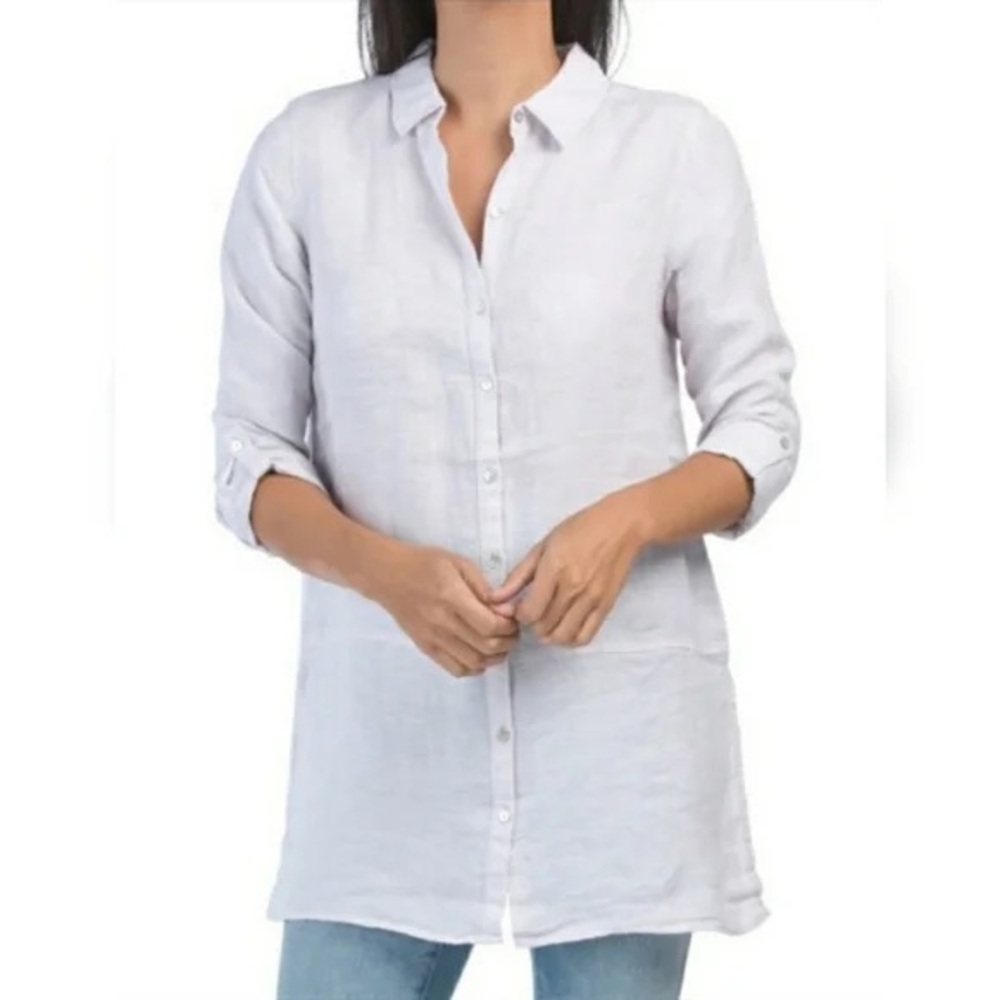 Tahari White Solid organic Linen Tunic Shirt L